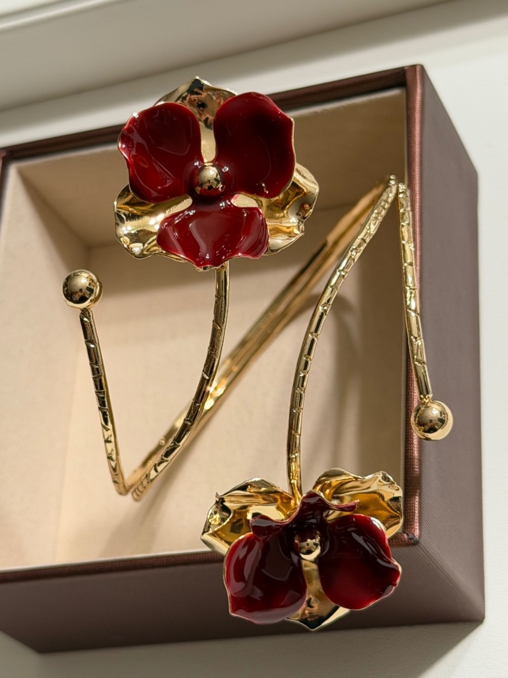 Golden Burgundy Double Layer Irregular 3-Petal Flower Adjustable Bangle Bracelet